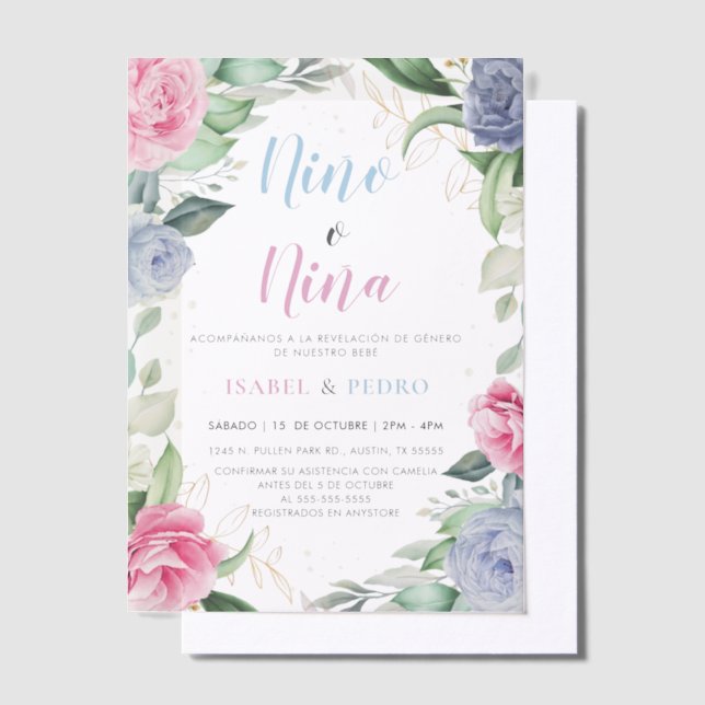 Watercolor Floral Greenery Spanish Gender Reveal Vellum Invitations (Offset)