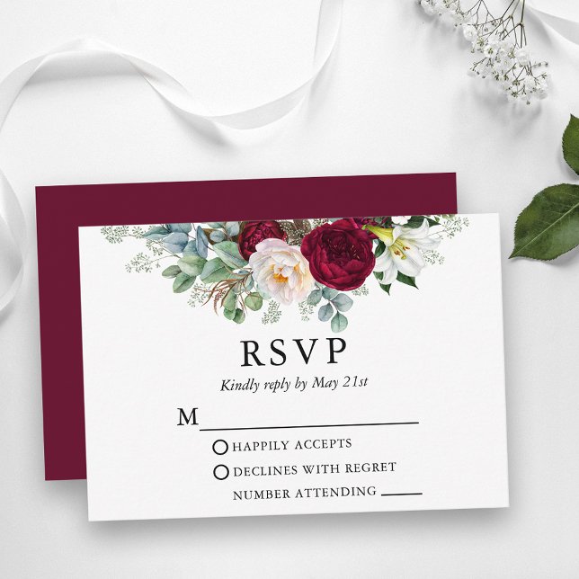 Watercolor Floral Greenery Wedding Burgundy RSVP Card (Customize to change text size, style or to change color of back of card.)