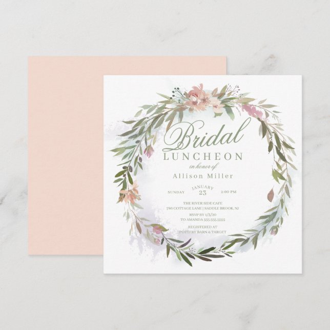 Watercolor Floral Greenery Wreath Bridal Luncheon Invitation (Front/Back)