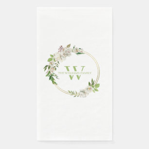 Watercolor Floral Greenery Wreath Monogram Napkin