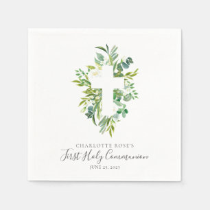 Watercolor Floral Greens Cross Holy Communion Napkin