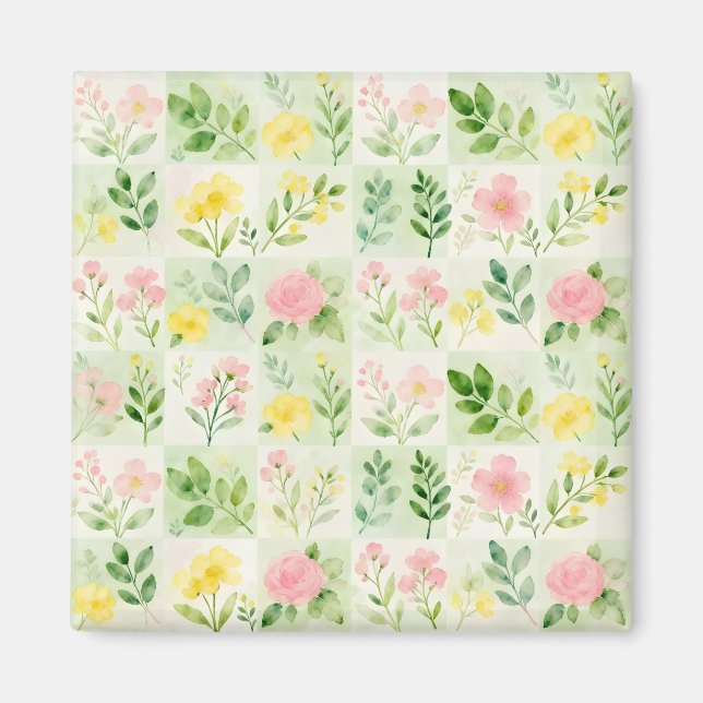 Watercolor Floral Grid Pattern Magnet (Front)