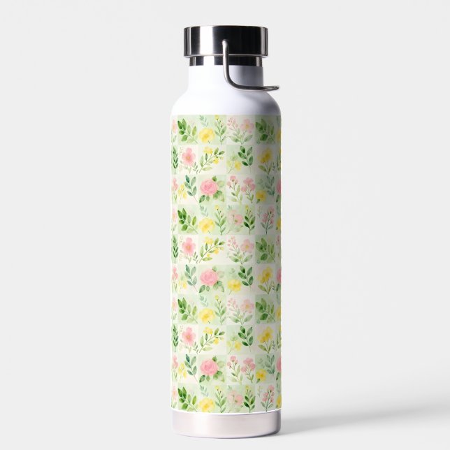 Watercolor Floral Grid Pattern Water Bottle (Left)