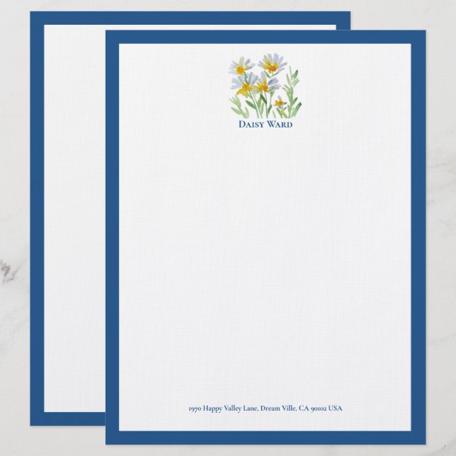Watercolor Floral Hand-Painted Daisy Letterhead (Front/Back)