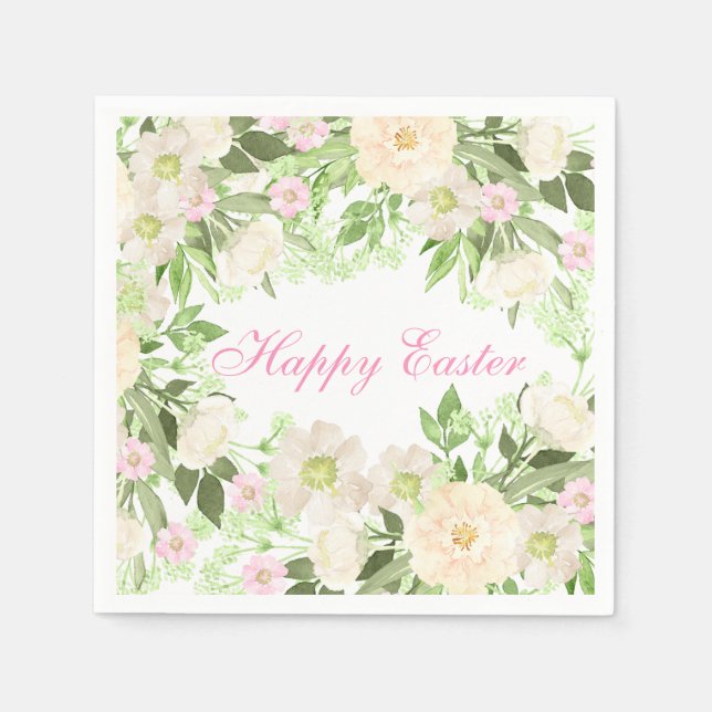 Watercolor Floral Happy Easter Napkin (Front)
