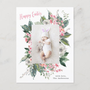 Watercolor Floral Happy Easter Photo Postcard