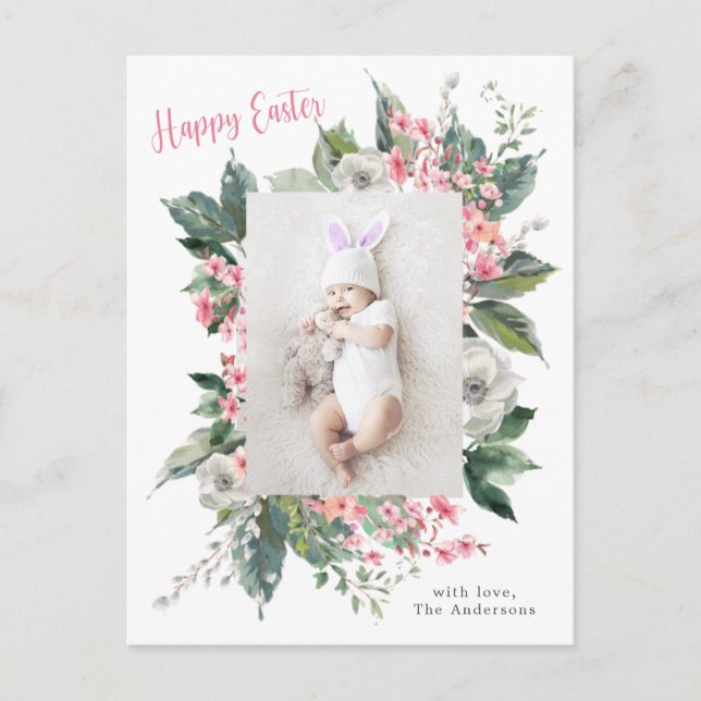 Watercolor Floral Happy Easter Photo Postcard (Front)