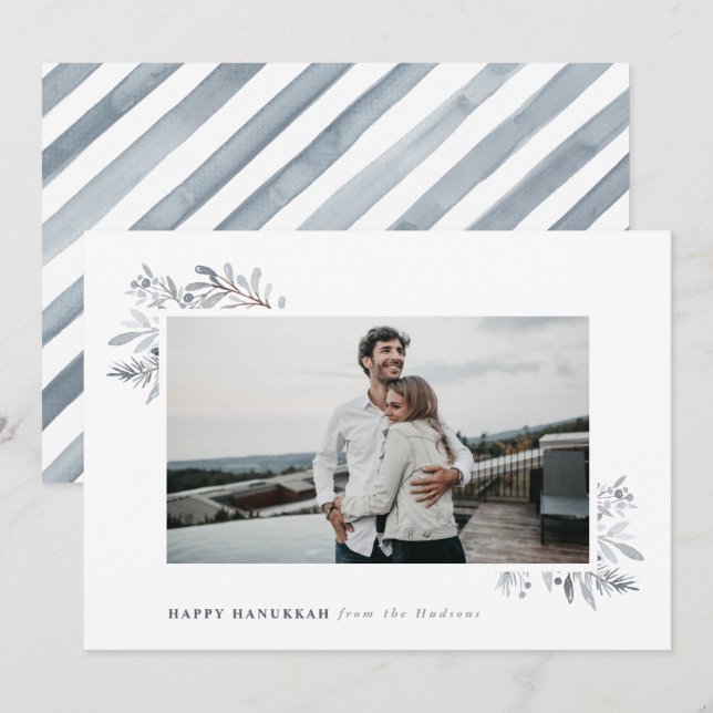 Watercolor Floral Happy Hanukkah Holiday Card (Front/Back)