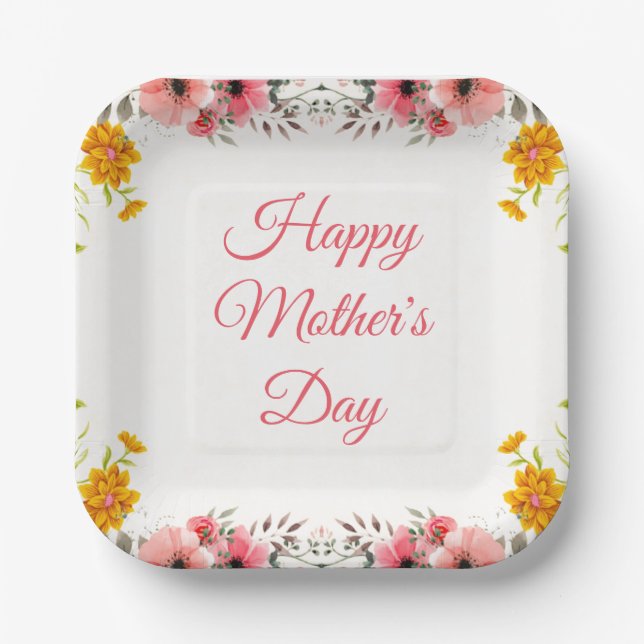 Watercolor Floral Happy Mother's Day  Paper Plate (Front)
