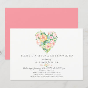 Watercolor Floral Heart Baby Shower Invitation