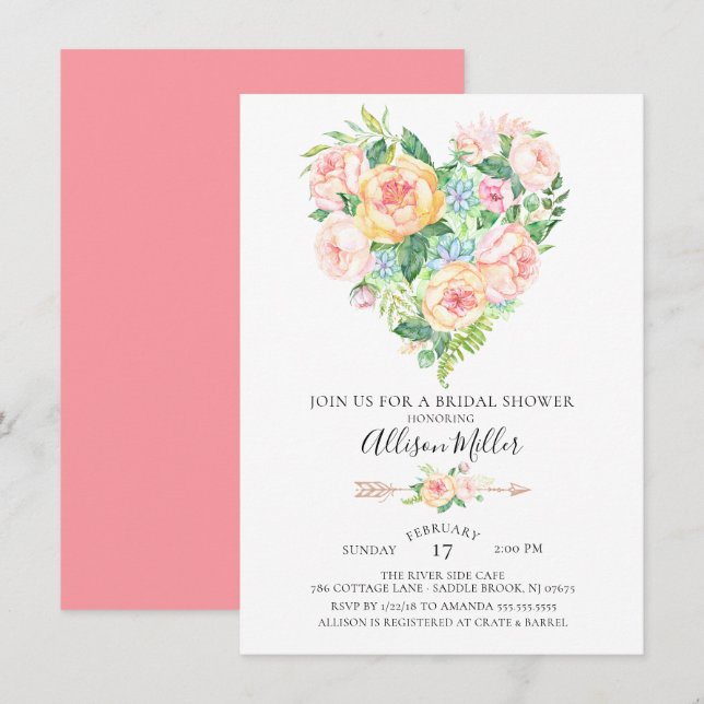 Watercolor Floral Heart Bridal Shower Invitation (Front/Back)