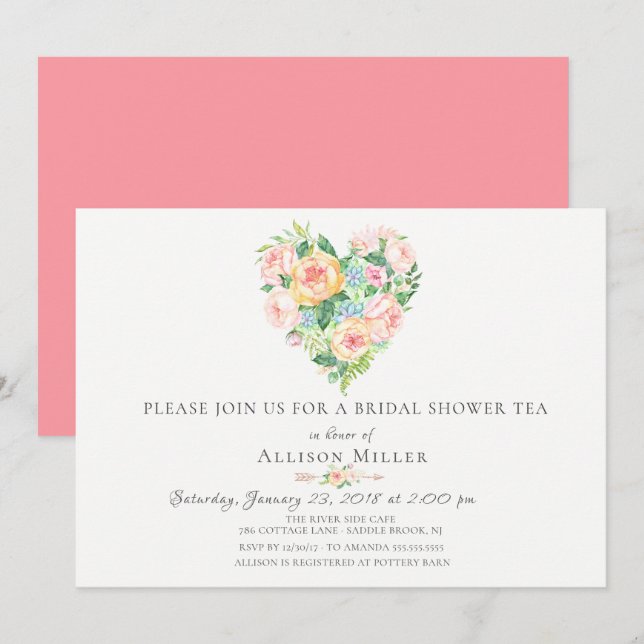 Watercolor Floral Heart Bridal Shower Invitation (Front/Back)