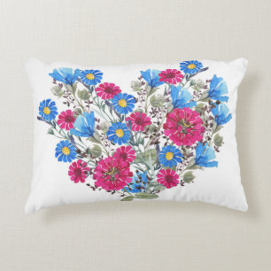 Watercolor floral heart, bright wildflowers arrang decorative cushion