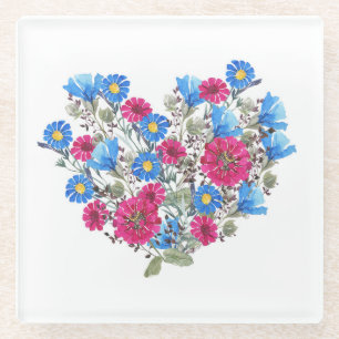 Watercolor floral heart, bright wildflowers arrang glass coaster