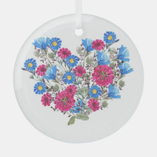 Watercolor floral heart, bright wildflowers arrang glass tree decoration