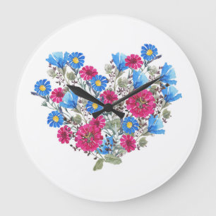 Watercolor floral heart, bright wildflowers arrang large clock