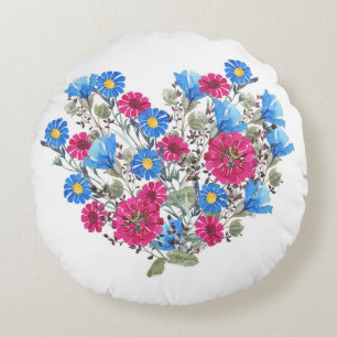 Watercolor floral heart, bright wildflowers arrang round cushion