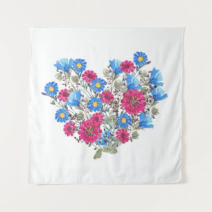 Watercolor floral heart, bright wildflowers arrang tapestry