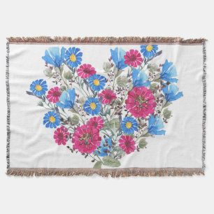 Watercolor floral heart, bright wildflowers arrang throw blanket