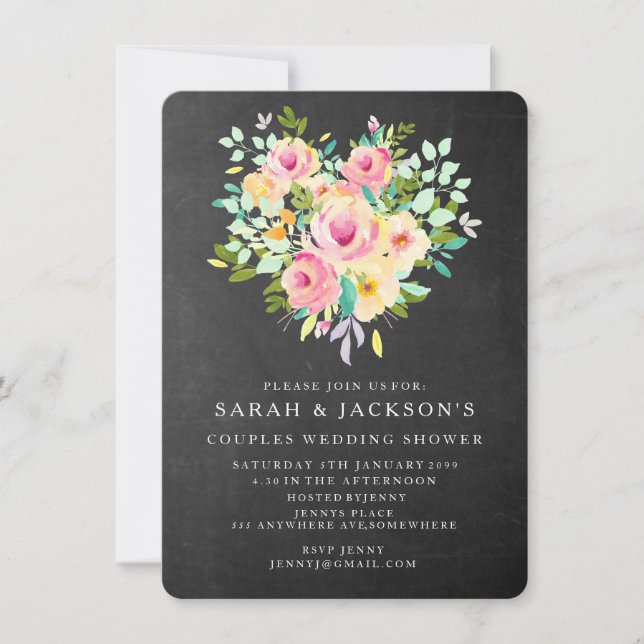 Watercolor Floral Heart Couples Wedding Shower Invitation (Front)