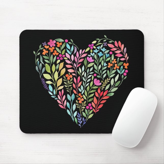 Watercolor Floral Heart Mouse Mat (With Mouse)