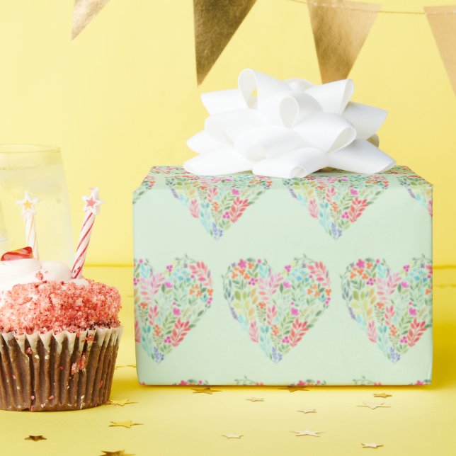 Watercolor Floral Heart On Green Wrapping Paper (Birthday Party)