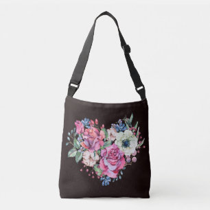 Watercolor floral heart: vintage roses. crossbody bag