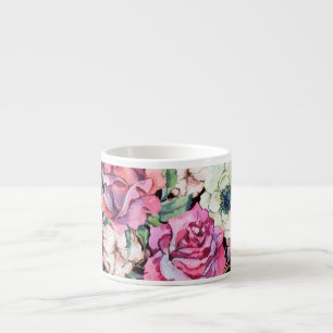 Watercolor floral heart: vintage roses. espresso cup