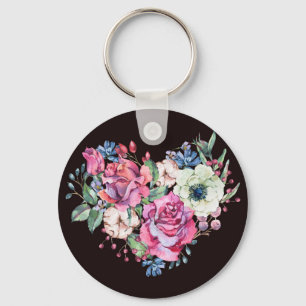 Watercolor floral heart: vintage roses. key ring