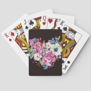 Watercolor floral heart: vintage roses. playing cards