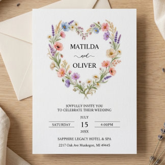 Watercolor Floral Heart Wedding Invitation