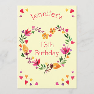 Watercolor Floral Heart Wreath Girl 13th Birthday Invitation