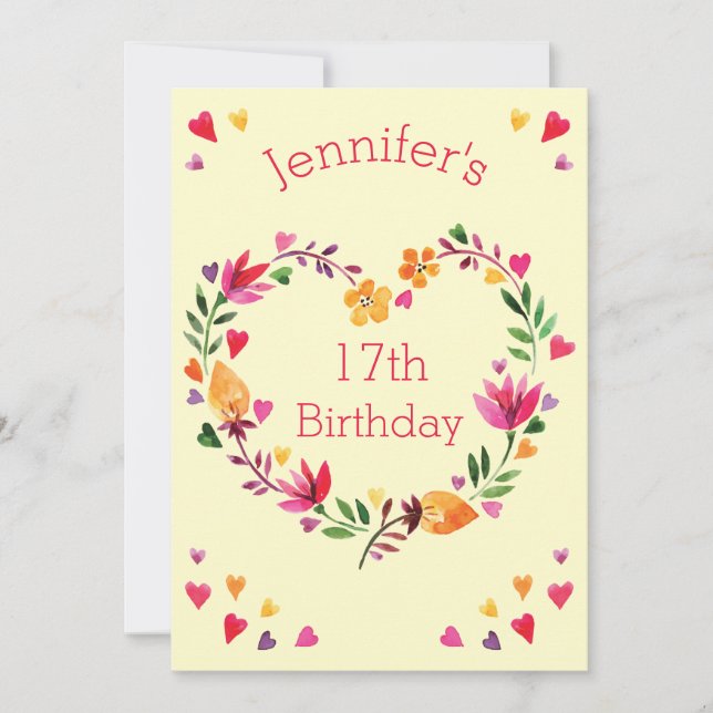 Watercolor Floral Heart Wreath Girl 17th Birthday Invitation (Front)