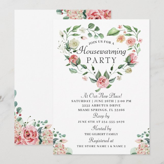 Watercolor Floral Heart Wreath Housewarming Party Invitation (Front/Back)