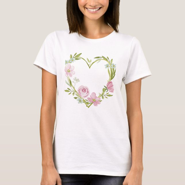 Watercolor Floral Heart Wreath Illustration T-Shirt (Front)
