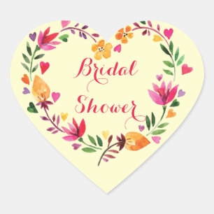 Watercolor Floral Hearts Wreath Bridal Shower Heart Sticker