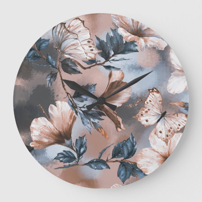 Watercolor floral hibiscus, butterfly pattern. large clock (Front)