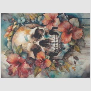 Watercolor Floral Hibiscus Skull Decoupage Paper