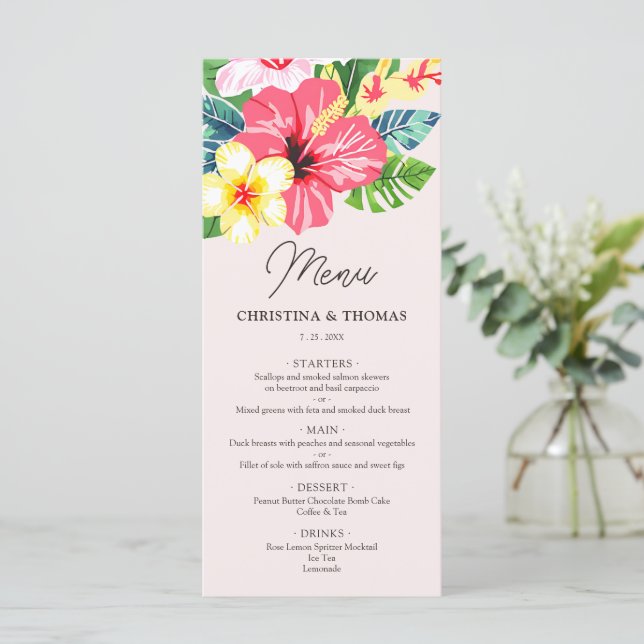 Watercolor Floral Hibiscus Tropical Blush Wedding Menu (Standing Front)