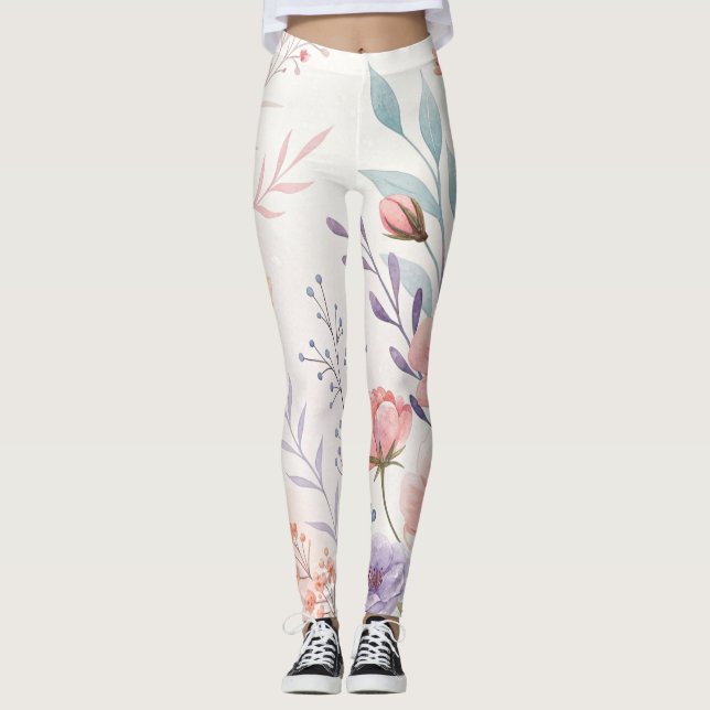 Watercolor Floral High-Waisted Leggings (Front)