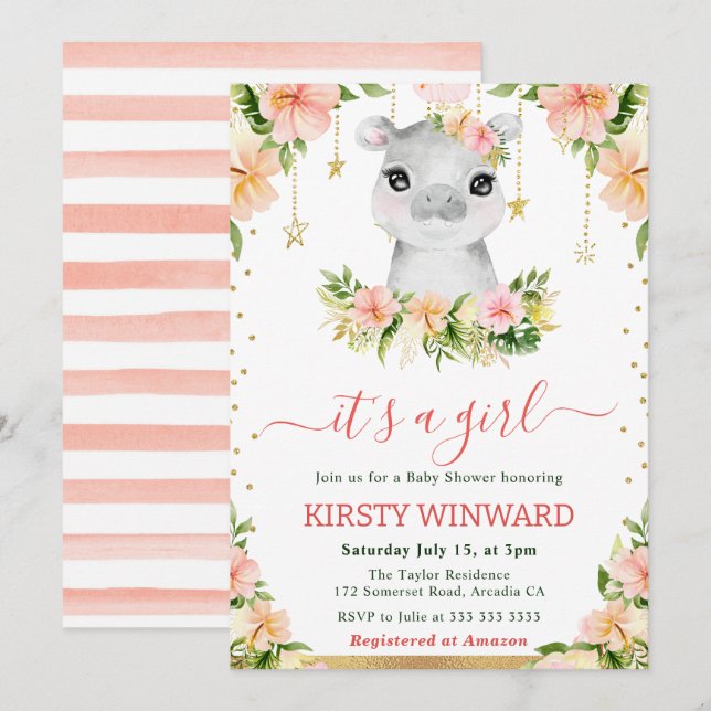 Watercolor Floral Hippo Girl Baby Shower Invitation (Front/Back)