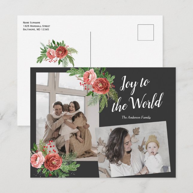 Watercolor Floral Holiday Greeting family photos P Postcard (Front/Back)