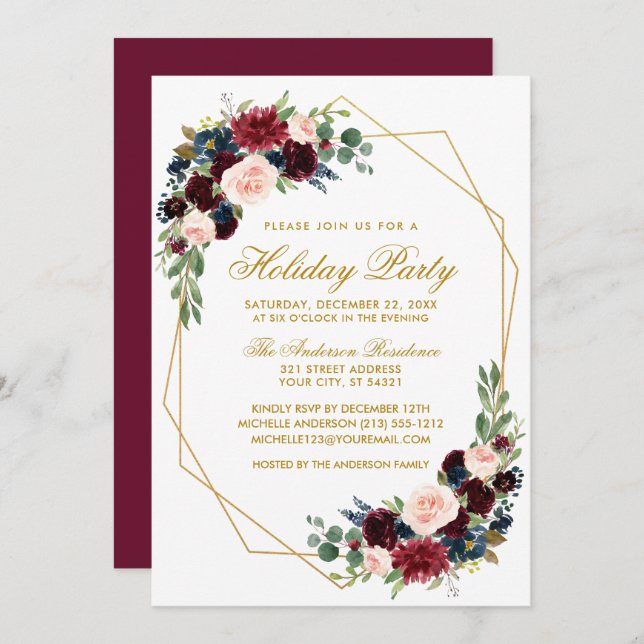 Watercolor Floral Holiday Party Gold Invitation (Front/Back)