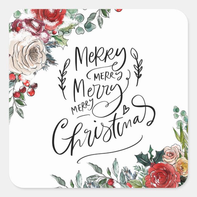 Watercolor Floral Holly Merry Christmas  Square Sticker (Front)