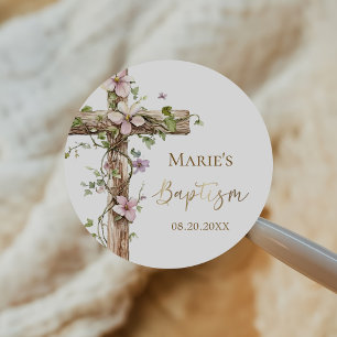 Watercolor Floral Holy Cross Baptism Classic Round Sticker