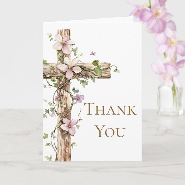 Watercolor Floral Holy Cross Baptism Thank you Card (Orchid)