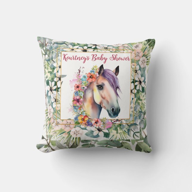 Watercolor Floral Horse Baby Shower  Cushion (Front)