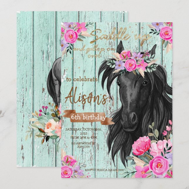Watercolor Floral horse birthday cowgirl  Invitation (Front/Back)