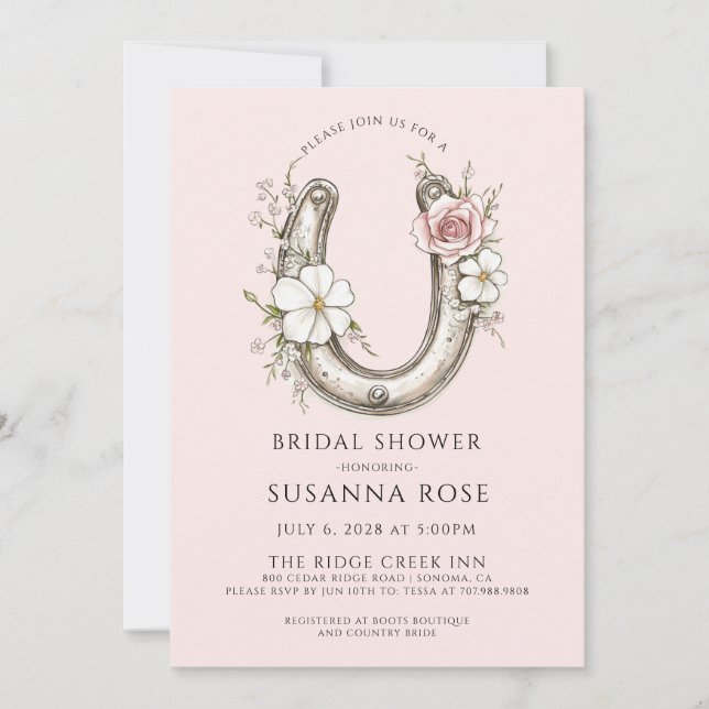 Watercolor Floral Horseshoe Pink Bridal Shower Invitation (Front)