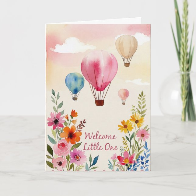 Watercolor Floral Hot Air Balloon Baby Shower Card (Front)